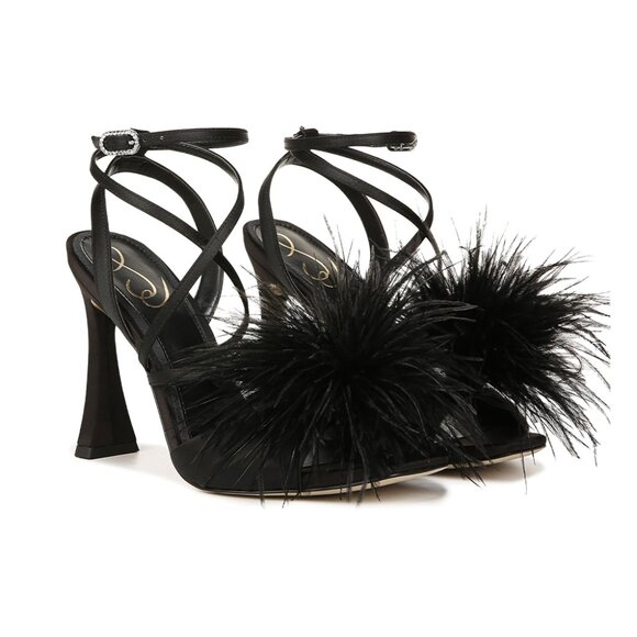 Sam Edelman Layton Feather-Trimmed Satin Sandals, Black, Size 8.5 - Picture 1 of 8